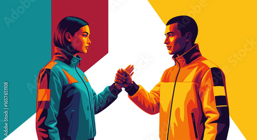 Illustration of a man and woman in colorful athletic jackets clasping hands in partnership.