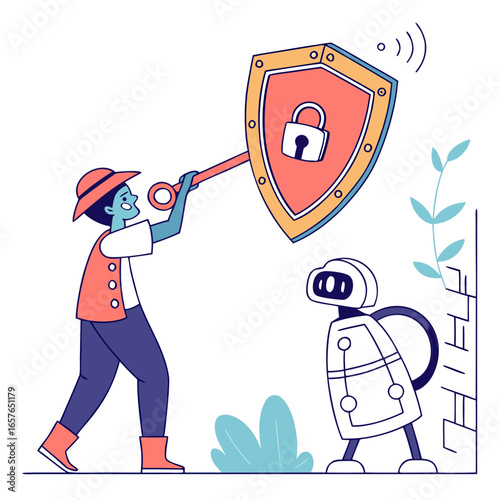 Person holding shield protecting robot from signals lock