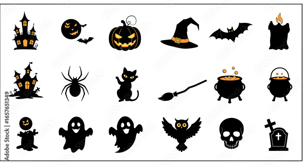 Fototapeta premium Unique Halloween Vector Icons Set Flat Outline Silhouette and Cartoon Styles