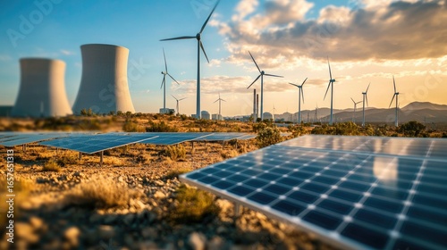 Professional photo expressing energy such as a desert with wind turbines, a nuclear power plant and solar panels. Close-up shot.
