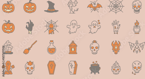 Unique Halloween Vector Icons Set Flat Outline Silhouette and Cartoon Styles