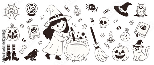 Halloween elements set with witch isolated on white background, doodle drawing for halloween design, coloring pages