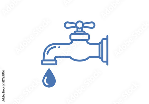 Simple line art illustration of a water faucet with a dripping water drop.