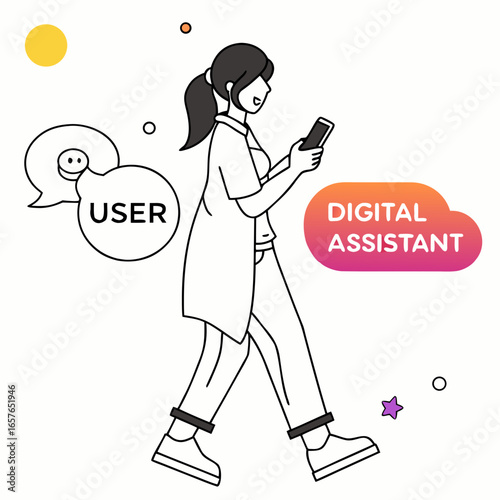 Woman interacting with digital assistant on phone chat communication