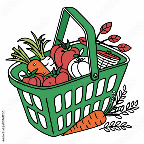 Green shopping basket overflowing with fresh red tomatoes and orange carrots groceries