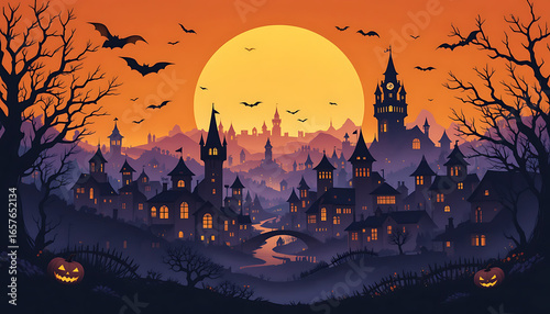 A haunted castle skyline under a large orange moon, with barren trees and a winding path. 4K and HD