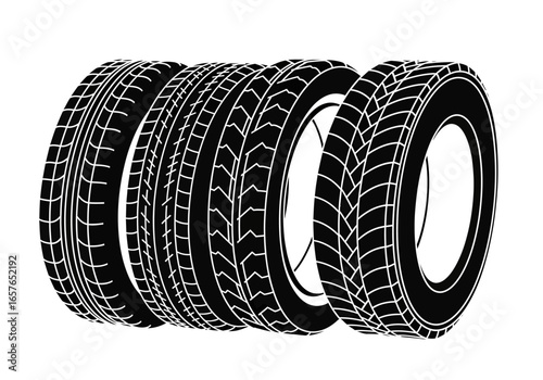 Detailed illustration of various tire designs, showcasing tread patterns and wheel components.