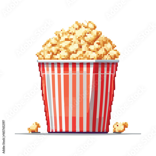 A pixelated illustration of a red and white striped popcorn bucket overflowing with popcorn.
