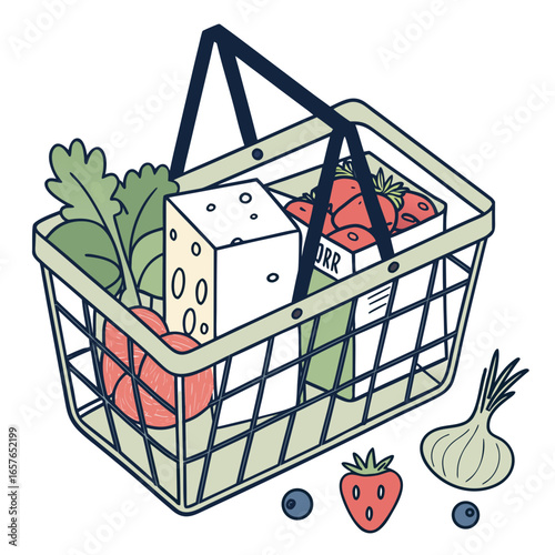 Shopping basket filled with fresh produce and dairy groceries vegetables