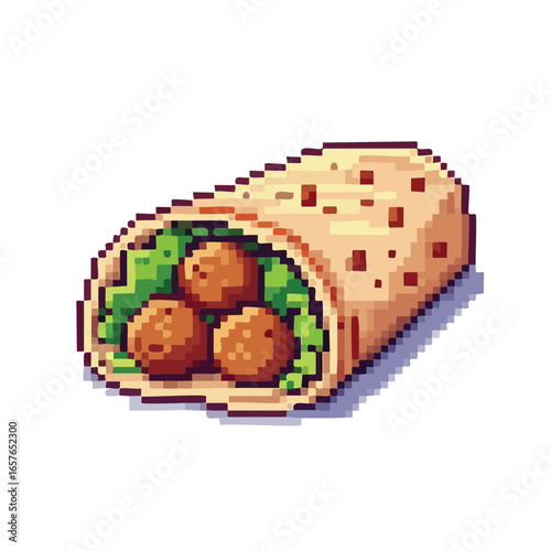 Pixelated illustration of a delicious falafel wrap, showcasing the ingredients and textures.