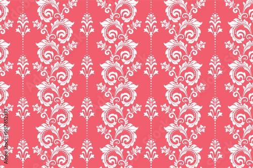 Floral pattern. Seamless vector background. Vintage wallpaper in the Baroque style. White and pink ornament for fabric, wallpaper, packaging. Ornate Damask flower illustration