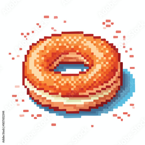 Pixelated illustration of a sesame seed bagel with cream cheese filling, a delicious treat.