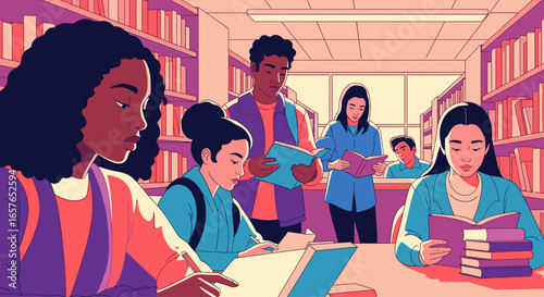 A diverse group of young students reading and studying together in a library filled with books.