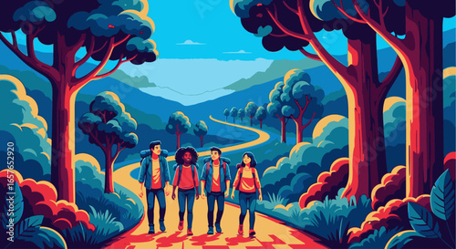A diverse group of four friends hiking together on a scenic path through a vibrant, colorful forest landscape.