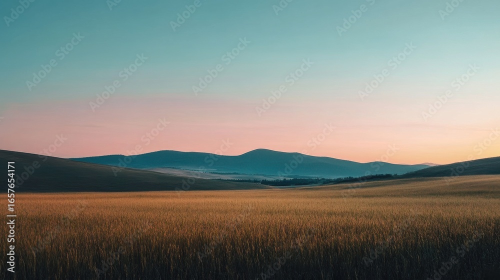 Fototapeta premium Serene sunset over tall grass field with mountains in background