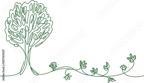 Minimalist Tree Line Art with Vine Accent, Olive Green Outline on Transparent Background