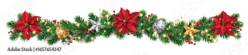 Horizontal Christmas garland with poinsettias, pine branches, holly berries, confetti, and shiny stars. Decoration for holiday banners, cards, and party posters. Transparent background in vector file.