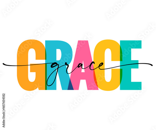 GRACE, word for christian t-shirt design. Vector illustration for youth camp apparel or church dress with biblical quote