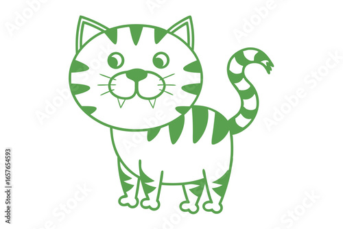 Green striped cartoon feline stands displaying prominent canines on an isolated white background