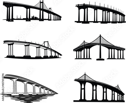 Six black and white bridge silhouette vector illustrations against a white background.
