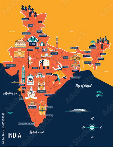 Map of India, branding technology concept. Collection of flat vector web icons. Indian culture travel set, architectures, specialties detailed silhouette. Doodle famous landmarks illustration.