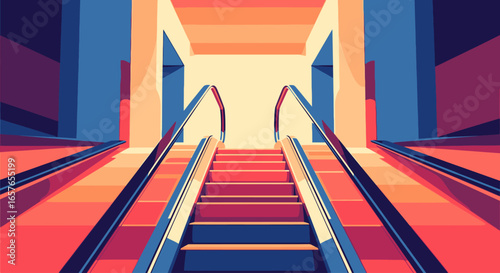 A minimalist digital illustration of a symmetrical escalator leading upwards towards a bright, warm light in a modern building.