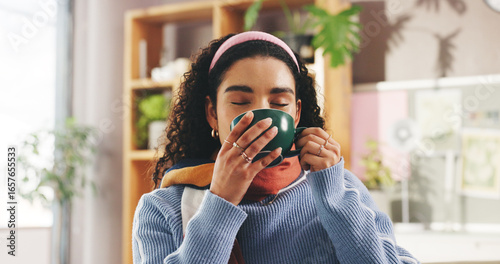 Wall Mural Coffee, drinking and woman on sofa in home with calm, peace and morning in living room for break
