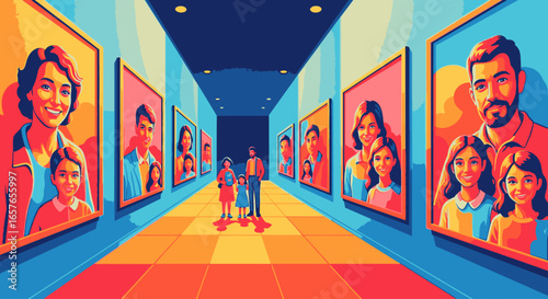 A family stands in a vibrant art gallery hallway, surrounded by colorful portraits depicting their own legacy.