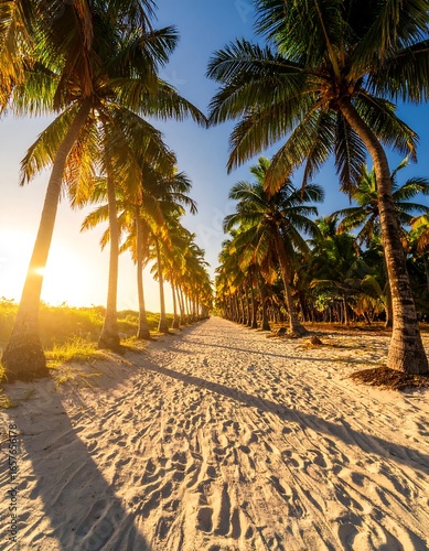 Sunrise path through palm trees on a beach