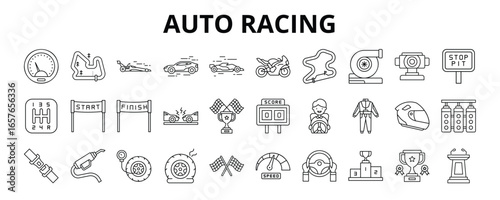 30 Auto Racing Line Icons Vector - Race Track, Formula One, Superbike, Circuit, Pit Stop, Racing Championship, Crossed Flag
