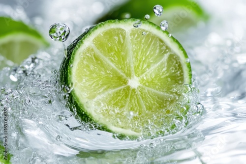 Fresh lime slice splashing into water creates a vibrant and refreshing citrus image.