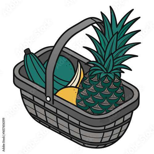 Illustration of a shopping basket filled with fresh fruits, including a pineapple, banana, and cucumber, perfect for healthy eating and grocery shopping