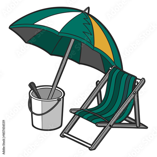 Relaxation on the beach A graphic illustration of a beach umbrella, folding chair, and bucket, perfect for summer vacation or seaside activities