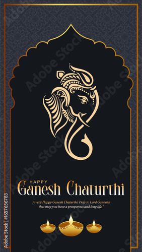 Happy Ganesh Chaturthi 2025 Greeting Card with Lord Ganesha Artwork on Black Background – Hindu Festival Poster, Indian Religious Celebration