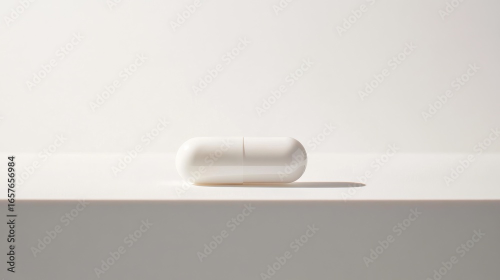 Single pill resting on a clean surface in indoor studio light Single pill resting on a clean surface in indoor studio light