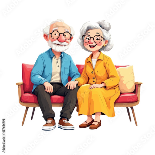 Vsai happy elderly couple sitting and holding hands on sofa