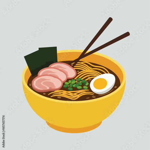 A vibrant illustration of a steaming bowl of ramen, complete with noodles, sliced pork, a soft-boiled egg, green onions, and nori seaweed, ready to be enjoyed with chopsticks.