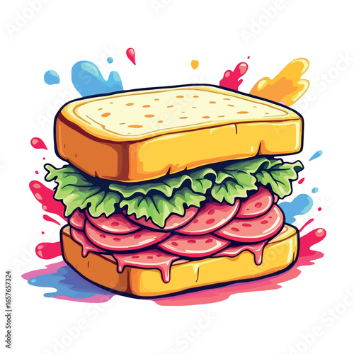 Vsai tasty sandwich with salami, lettuce and colorful splashes representing delicious flavors