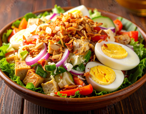 Vibrant Garden Salad with Hard-Boiled Eggs and Crispy Toppings.