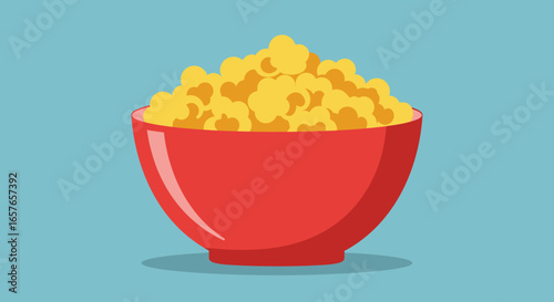 A vibrant red bowl overflowing with fluffy, golden-yellow popcorn against a blue backdrop.