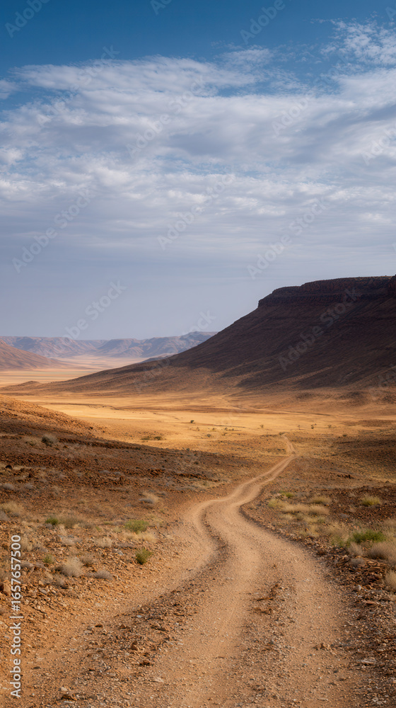 Winding dirt road leads through vast desert landscape under cloudy sky Winding dirt road leads through vast desert landscape under cloudy sky
