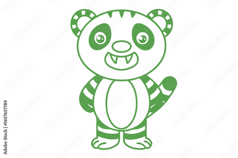 Happy cartoon green panda waving with toothy smile stands cheerfully on white Happy cartoon green panda waving with toothy smile stands cheerfully on white