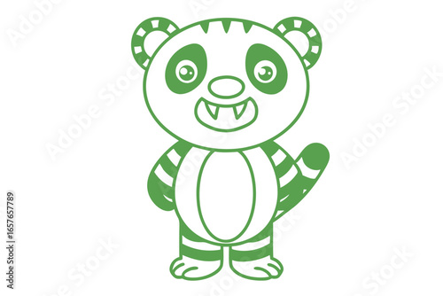 Happy cartoon green panda waving with toothy smile stands cheerfully on white