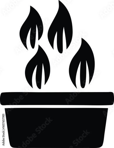 Stylized black silhouette icon of a hot pot with four flames rising above the contents