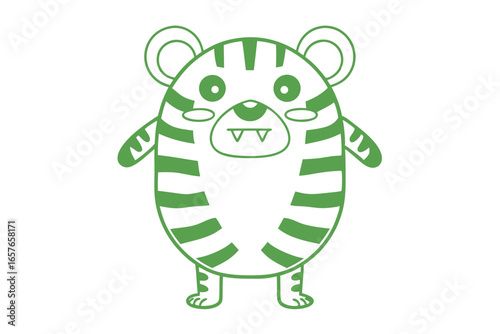 Green cartoon tiger standing with stripes and large round ears is quite adorable