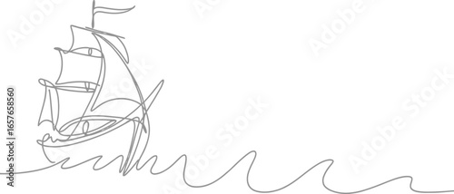 Sailing Ship Single Line Art on Sea Waves with Transparent Background Minimalist Design