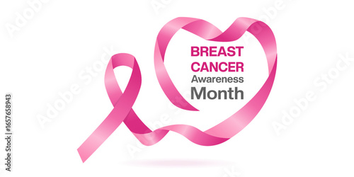 October is Breast Cancer Awareness Month. Pink ribbon. Great for posters, banners and social media. White background.