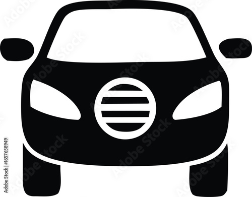 Simple black silhouette of a modern car viewed directly from the front with distinctive circular grille
