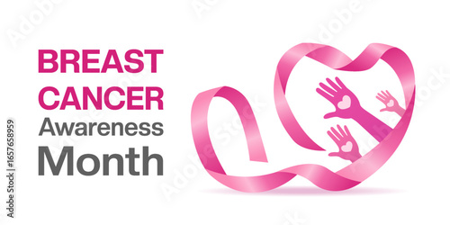 October is Breast Cancer Awareness Month. Ribbon shape heart and hand. Great for posters, banners and social media. White background.