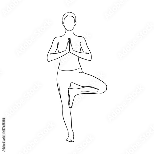 Minimalist line drawing of a person in tree pose with hands in prayer yoga vrikshasana